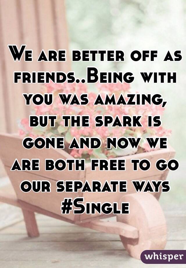 We are better off as friends..Being with you was amazing, but the spark is gone and now we are both free to go our separate ways 
#Single