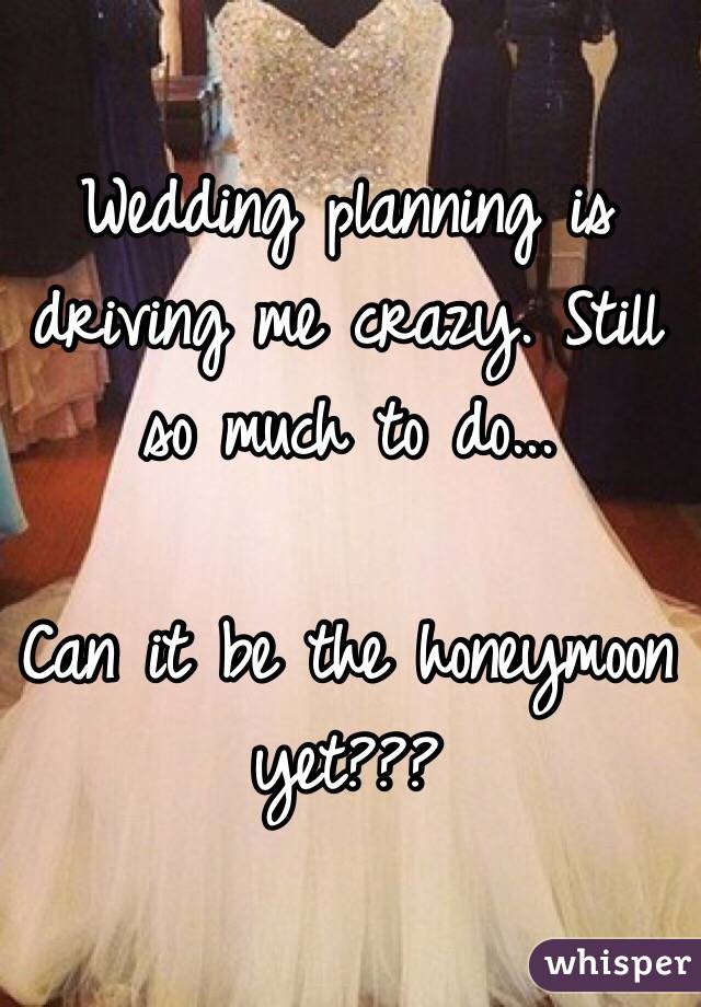 Wedding planning is driving me crazy. Still so much to do...

Can it be the honeymoon yet???