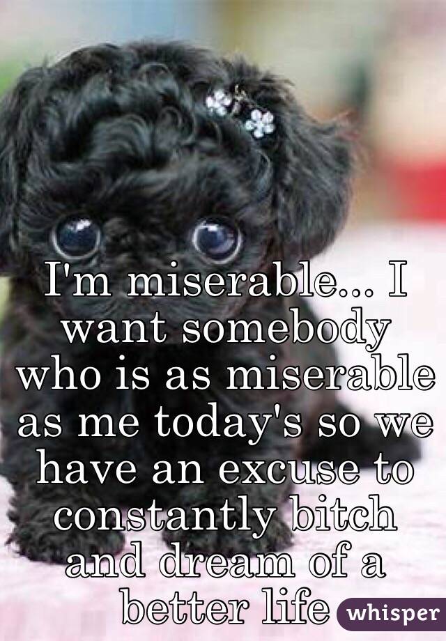 I'm miserable... I want somebody who is as miserable as me today's so we have an excuse to constantly bitch and dream of a better life