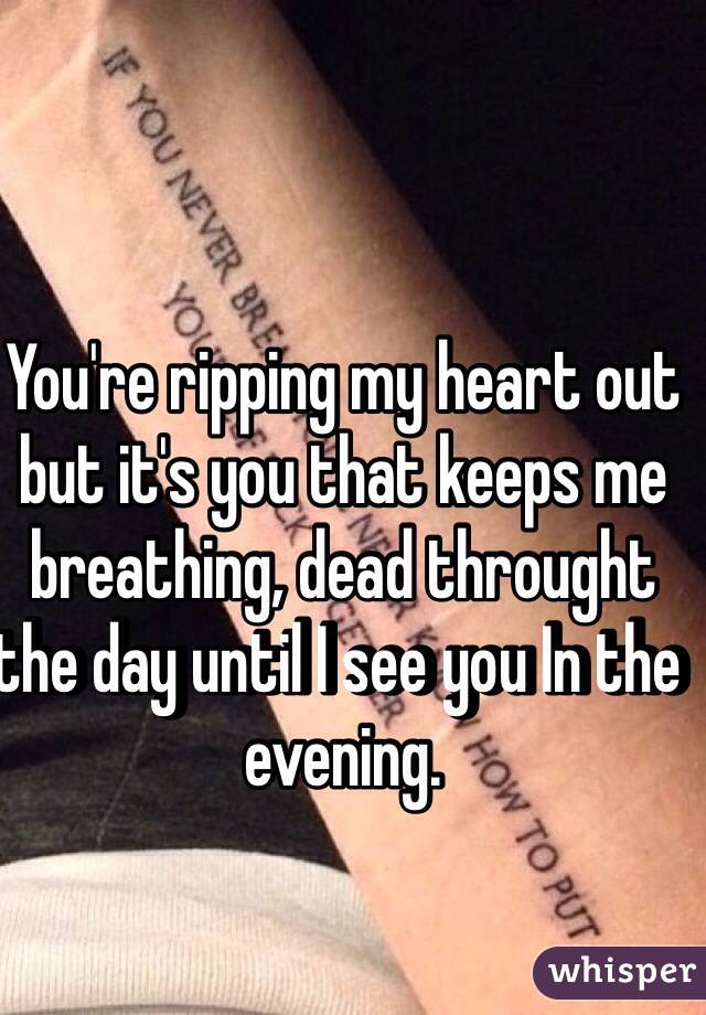 You're ripping my heart out but it's you that keeps me breathing, dead throught the day until I see you In the evening. 