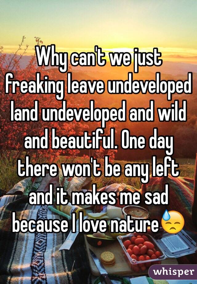 Why can't we just freaking leave undeveloped land undeveloped and wild and beautiful. One day there won't be any left and it makes me sad because I love nature😓