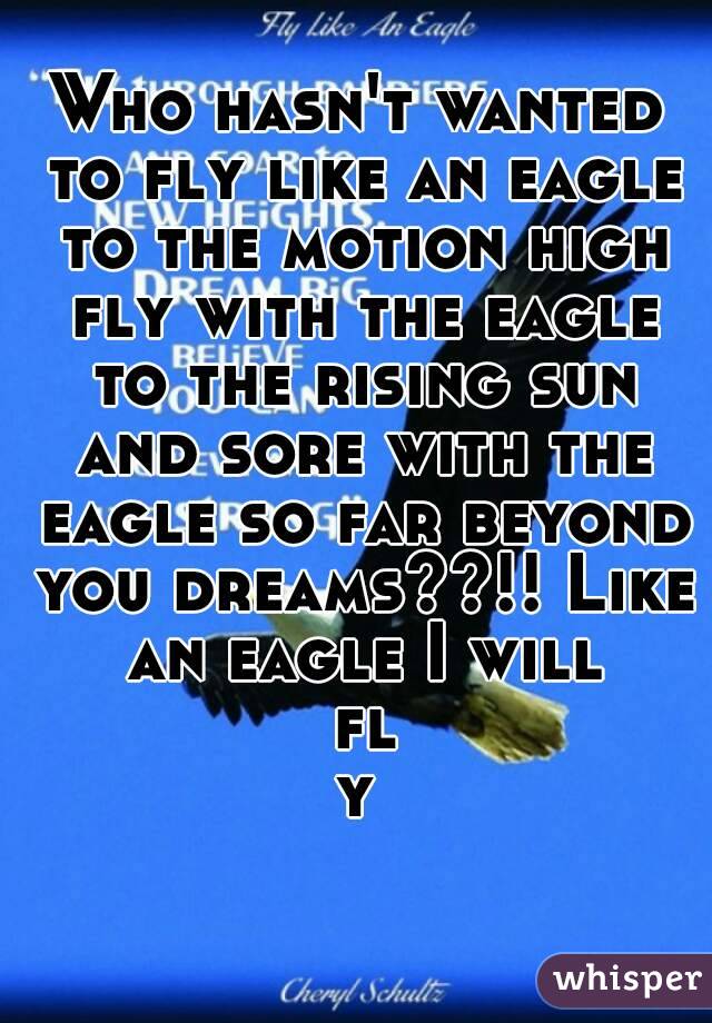 Who hasn't wanted to fly like an eagle to the motion high fly with the eagle to the rising sun and sore with the eagle so far beyond you dreams??!! Like an eagle I will fly