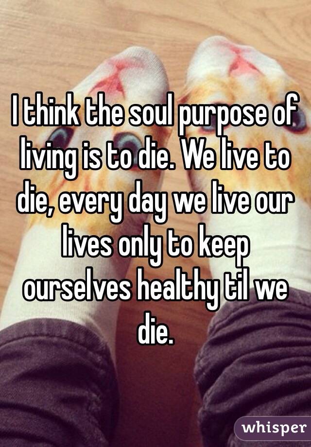 I think the soul purpose of living is to die. We live to die, every day we live our lives only to keep ourselves healthy til we die. 