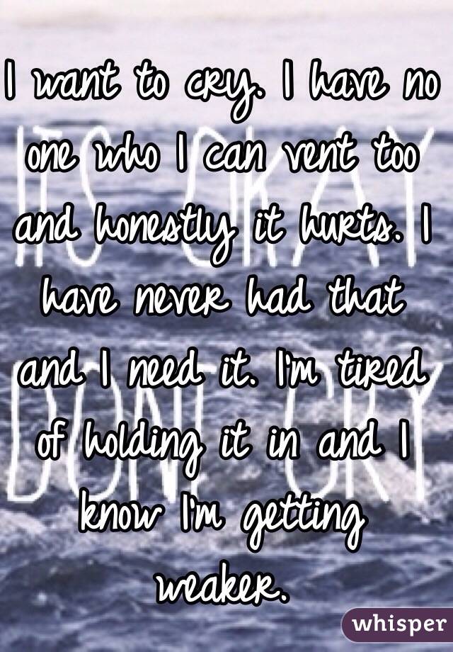 I want to cry. I have no one who I can vent too and honestly it hurts. I have never had that and I need it. I'm tired of holding it in and I know I'm getting weaker.