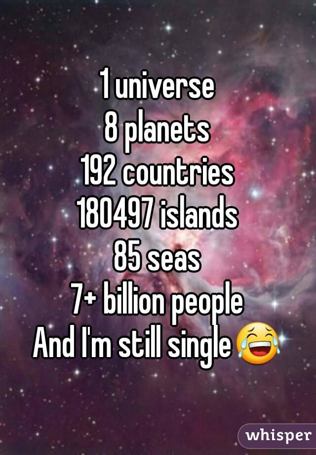 1 universe
8 planets
192 countries
180497 islands
85 seas
7+ billion people
And I'm still single😂