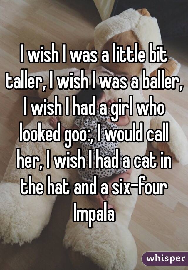 I wish I was a little bit taller, I wish I was a baller, I wish I had a girl who looked goo:, I would call her, I wish I had a cat in the hat and a six-four Impala