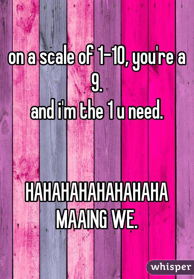 on a scale of 1-10, you're a 9.
and i'm the 1 u need.


HAHAHAHAHAHAHAHA MAAING WE.