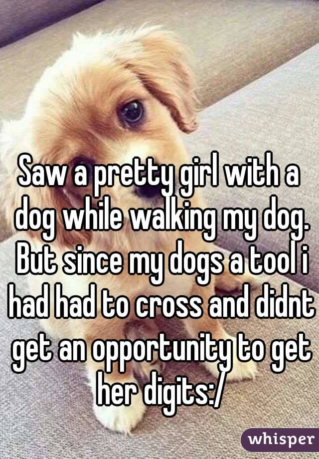 Saw a pretty girl with a dog while walking my dog. But since my dogs a tool i had had to cross and didnt get an opportunity to get her digits:/