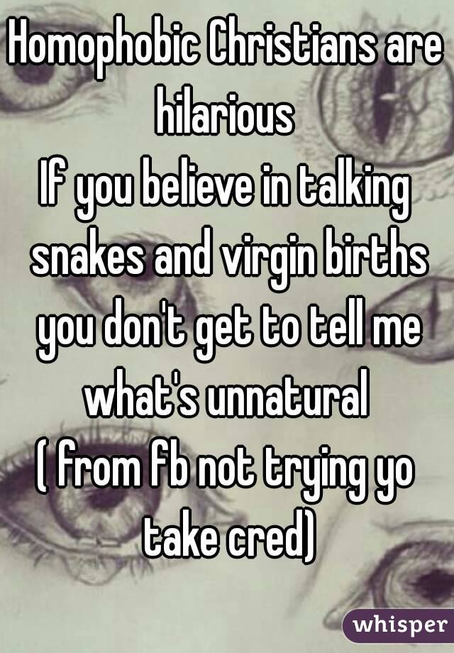 Homophobic Christians are hilarious 
If you believe in talking snakes and virgin births you don't get to tell me what's unnatural 
( from fb not trying yo take cred)