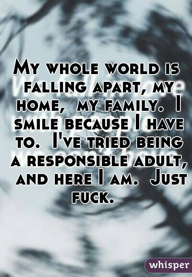 My whole world is falling apart, my home,  my family.  I smile because I have to.  I've tried being a responsible adult,  and here I am.  Just fuck.  
