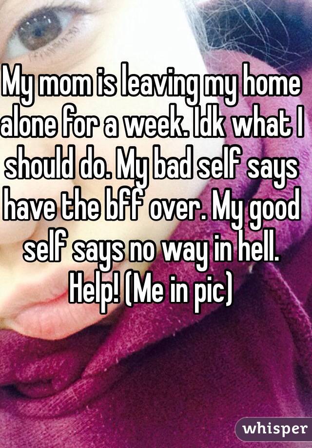 My mom is leaving my home alone for a week. Idk what I should do. My bad self says have the bff over. My good self says no way in hell. 
Help! (Me in pic)