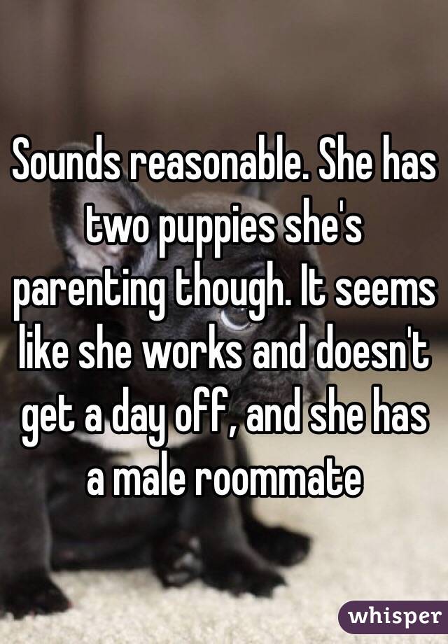 Sounds reasonable. She has two puppies she's parenting though. It seems like she works and doesn't get a day off, and she has a male roommate 