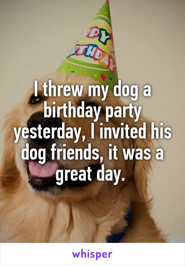 I threw my dog a birthday party yesterday, I invited his dog friends, it was a great day. 