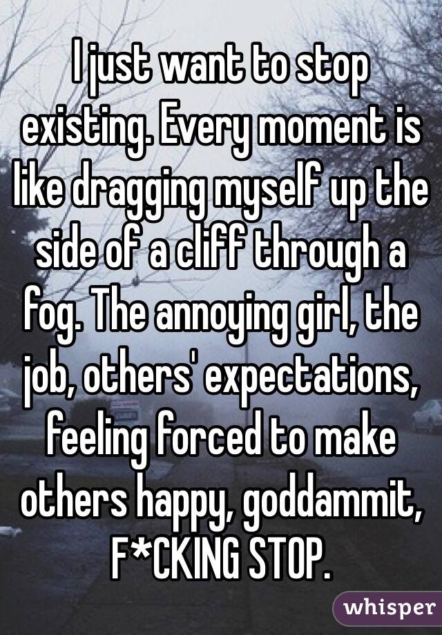 I just want to stop existing. Every moment is like dragging myself up the side of a cliff through a fog. The annoying girl, the job, others' expectations, feeling forced to make others happy, goddammit, F*CKING STOP.