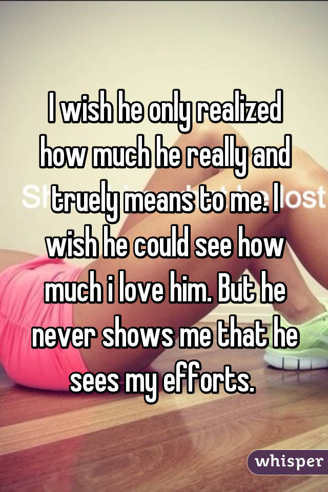 I wish he only realized how much he really and truely means to me. I wish he could see how much i love him. But he never shows me that he sees my efforts. 