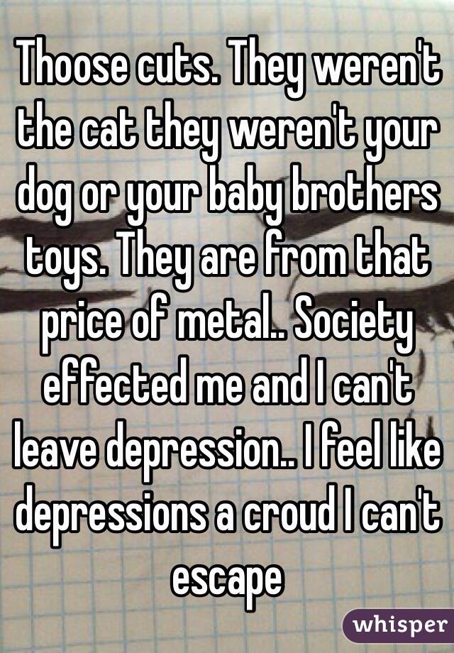 Thoose cuts. They weren't the cat they weren't your dog or your baby brothers toys. They are from that price of metal.. Society effected me and I can't leave depression.. I feel like depressions a croud I can't escape 