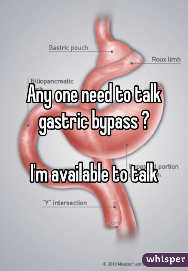 Any one need to talk gastric bypass ? 

I'm available to talk 
