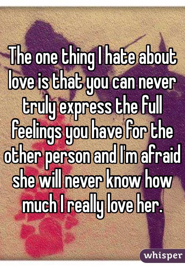 The one thing I hate about love is that you can never truly express the full feelings you have for the other person and I'm afraid she will never know how much I really love her. 