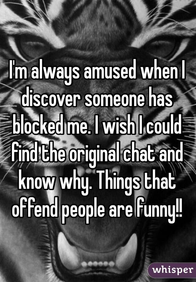 I'm always amused when I discover someone has blocked me. I wish I could find the original chat and know why. Things that offend people are funny!!