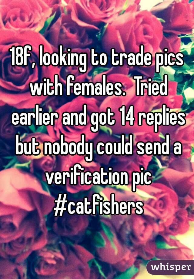 18f, looking to trade pics with females.  Tried earlier and got 14 replies but nobody could send a verification pic #catfishers