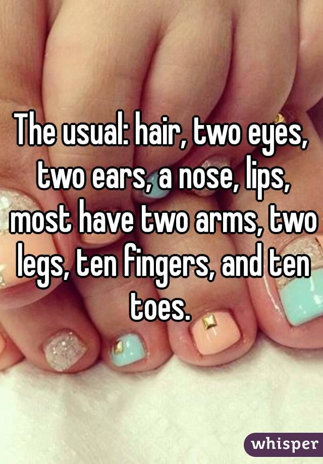 The usual: hair, two eyes, two ears, a nose, lips, most have two arms, two legs, ten fingers, and ten toes. 