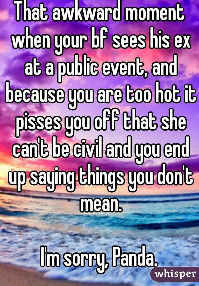 That awkward moment when your bf sees his ex at a public event, and because you are too hot it pisses you off that she can't be civil and you end up saying things you don't mean.

I'm sorry, Panda.