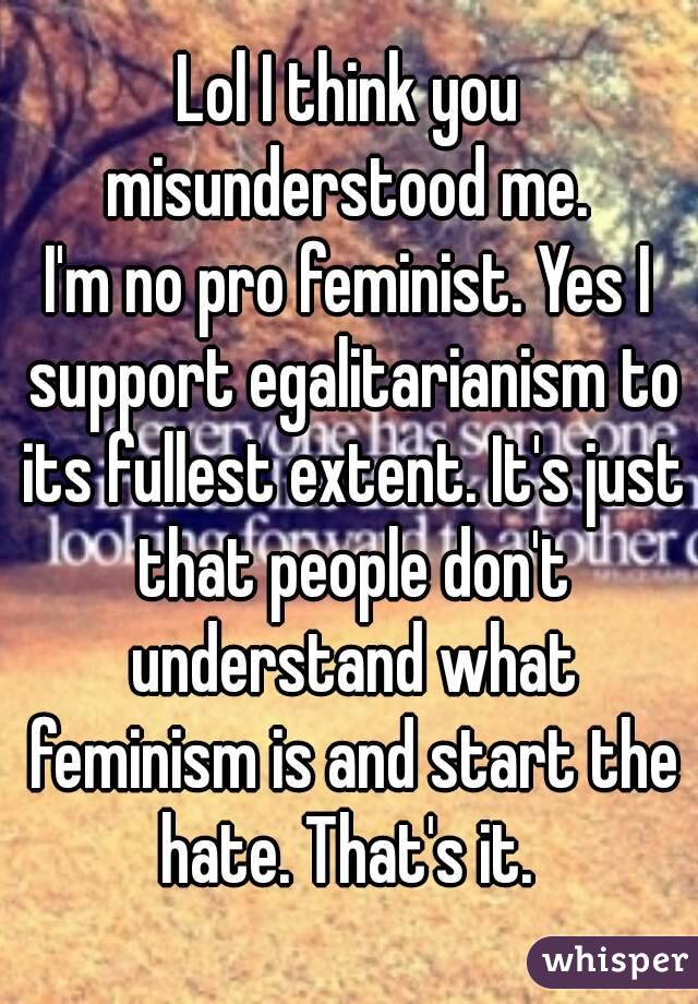 Lol I think you misunderstood me. 
I'm no pro feminist. Yes I support egalitarianism to its fullest extent. It's just that people don't understand what feminism is and start the hate. That's it. 