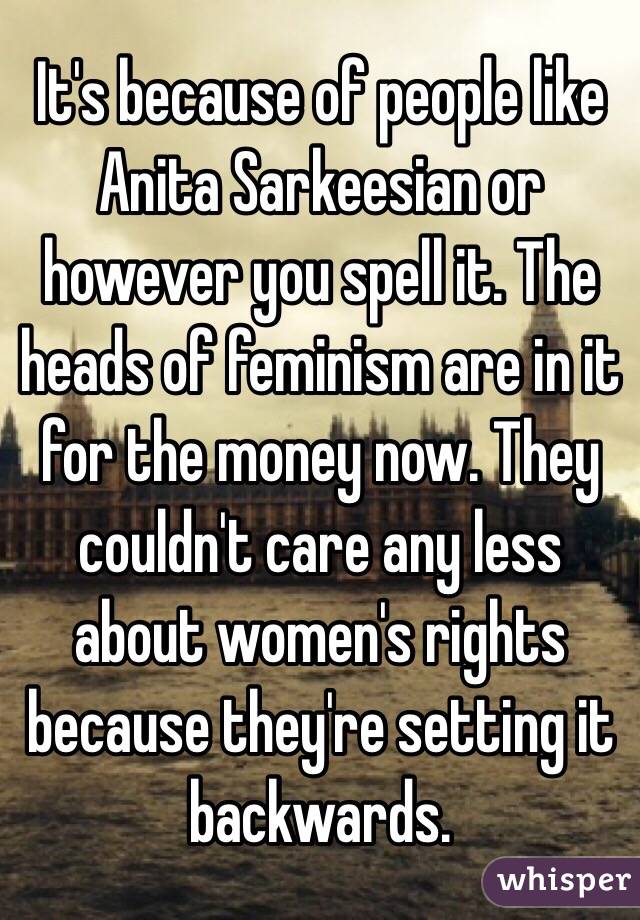 It's because of people like Anita Sarkeesian or however you spell it. The heads of feminism are in it for the money now. They couldn't care any less about women's rights because they're setting it backwards.