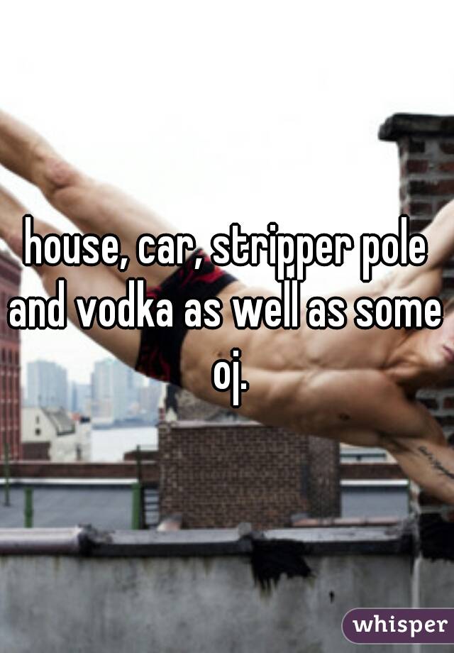 house, car, stripper pole
and vodka as well as some oj.