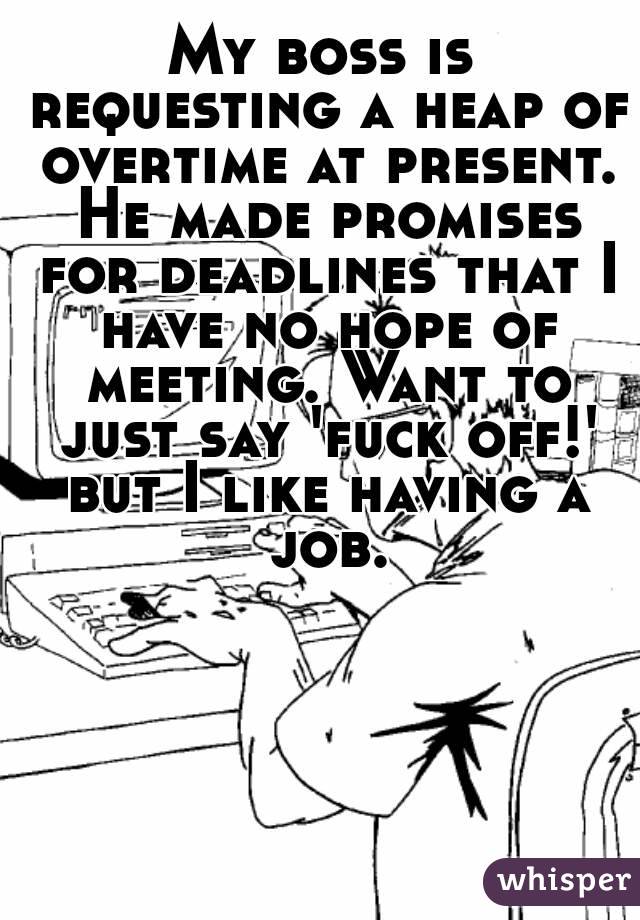 My boss is requesting a heap of overtime at present. He made promises for deadlines that I have no hope of meeting. Want to just say 'fuck off!' but I like having a job.