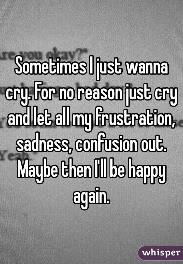 Sometimes I just wanna cry. For no reason just cry and let all my frustration, sadness, confusion out. Maybe then I'll be happy again. 