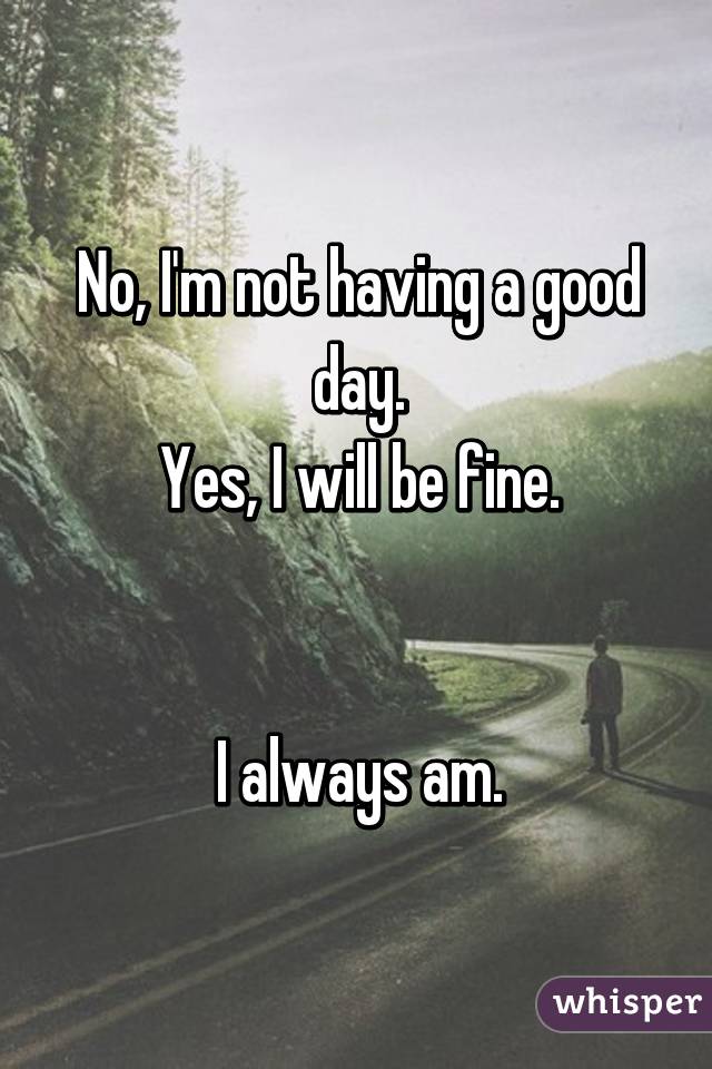 No, I'm not having a good day.
Yes, I will be fine.


I always am.