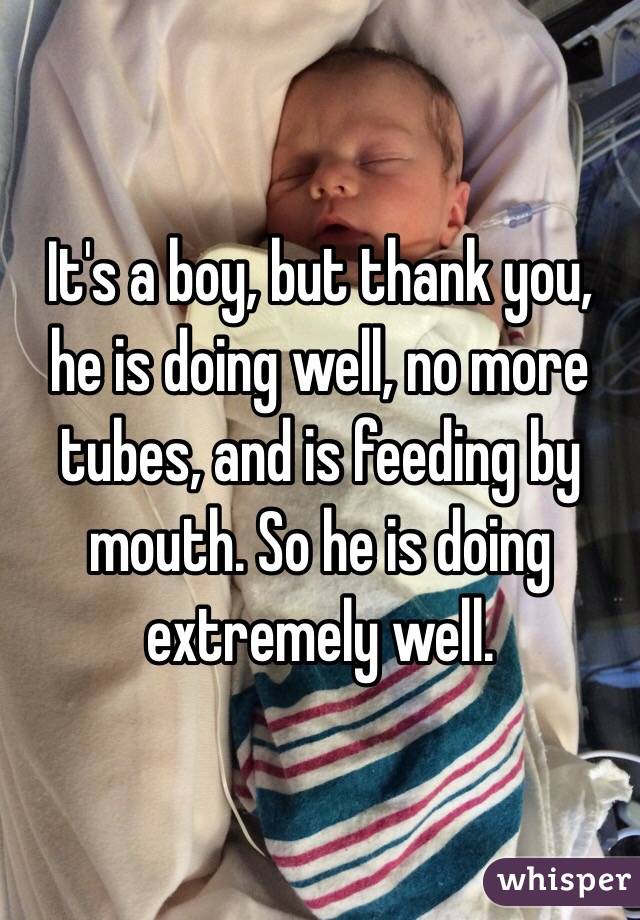 It's a boy, but thank you, he is doing well, no more tubes, and is feeding by mouth. So he is doing extremely well.
