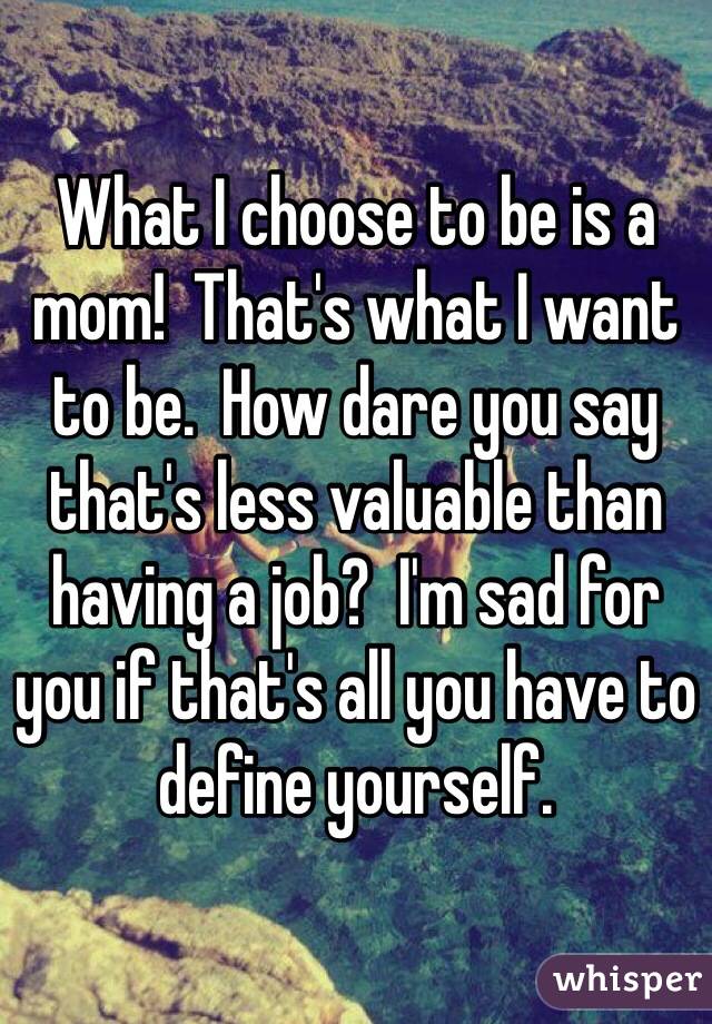 What I choose to be is a mom!  That's what I want to be.  How dare you say that's less valuable than having a job?  I'm sad for you if that's all you have to define yourself.