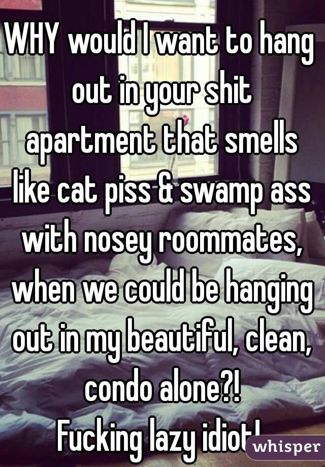 WHY would I want to hang out in your shit apartment that smells like cat piss & swamp ass with nosey roommates, when we could be hanging out in my beautiful, clean, condo alone?!
Fucking lazy idiot!