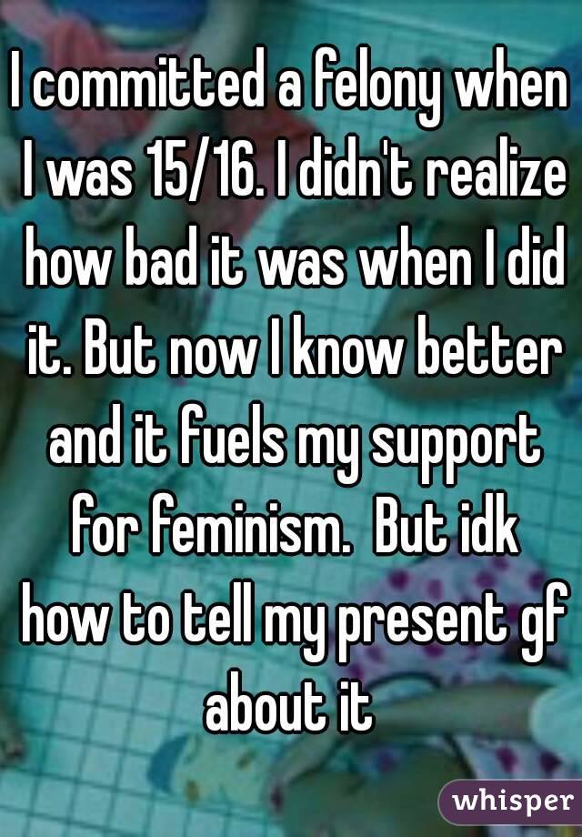I committed a felony when I was 15/16. I didn't realize how bad it was when I did it. But now I know better and it fuels my support for feminism.  But idk how to tell my present gf about it 