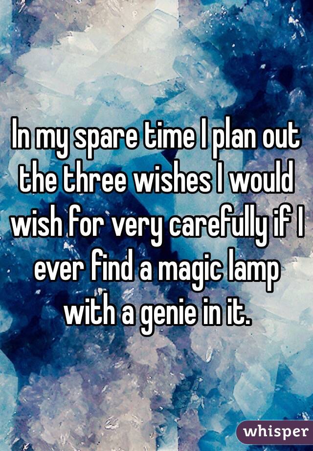 In my spare time I plan out the three wishes I would wish for very carefully if I ever find a magic lamp with a genie in it. 