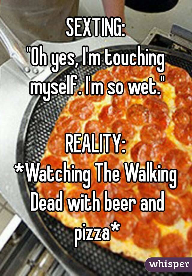 SEXTING:
"Oh yes, I'm touching myself. I'm so wet."

REALITY:
*Watching The Walking Dead with beer and pizza*