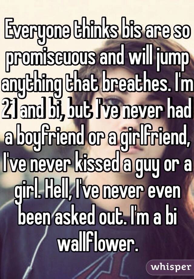 Everyone thinks bis are so promiscuous and will jump anything that breathes. I'm 21 and bi, but I've never had a boyfriend or a girlfriend, I've never kissed a guy or a girl. Hell, I've never even been asked out. I'm a bi wallflower. 