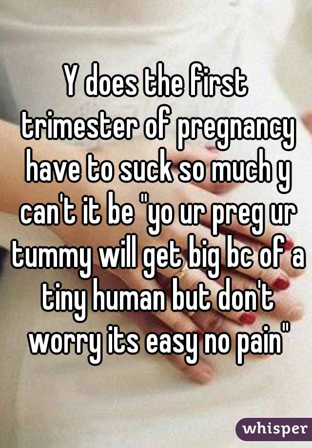 Y does the first trimester of pregnancy have to suck so much y can't it be "yo ur preg ur tummy will get big bc of a tiny human but don't worry its easy no pain"