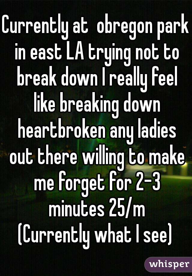 Currently at  obregon park in east LA trying not to break down I really feel like breaking down heartbroken any ladies out there willing to make me forget for 2-3 minutes 25/m
(Currently what I see)