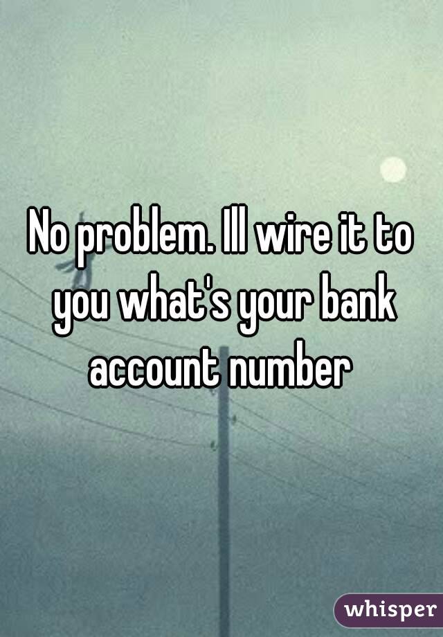 No problem. Ill wire it to you what's your bank account number 