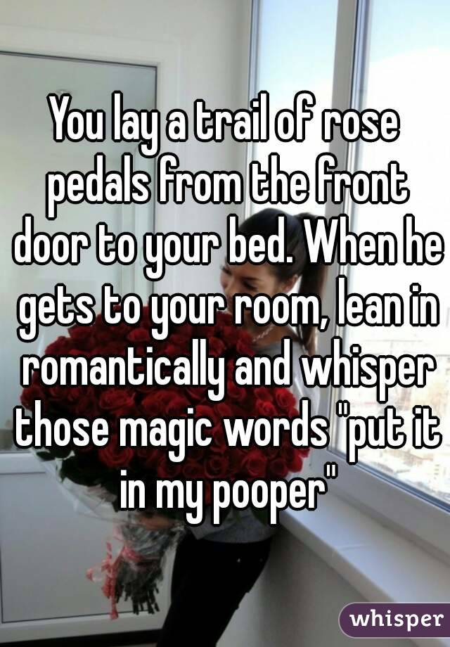 You lay a trail of rose pedals from the front door to your bed. When he gets to your room, lean in romantically and whisper those magic words "put it in my pooper"