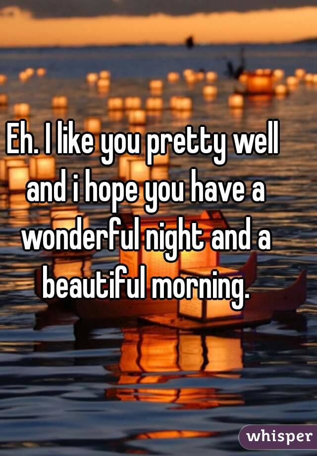 Eh. I like you pretty well and i hope you have a wonderful night and a beautiful morning.