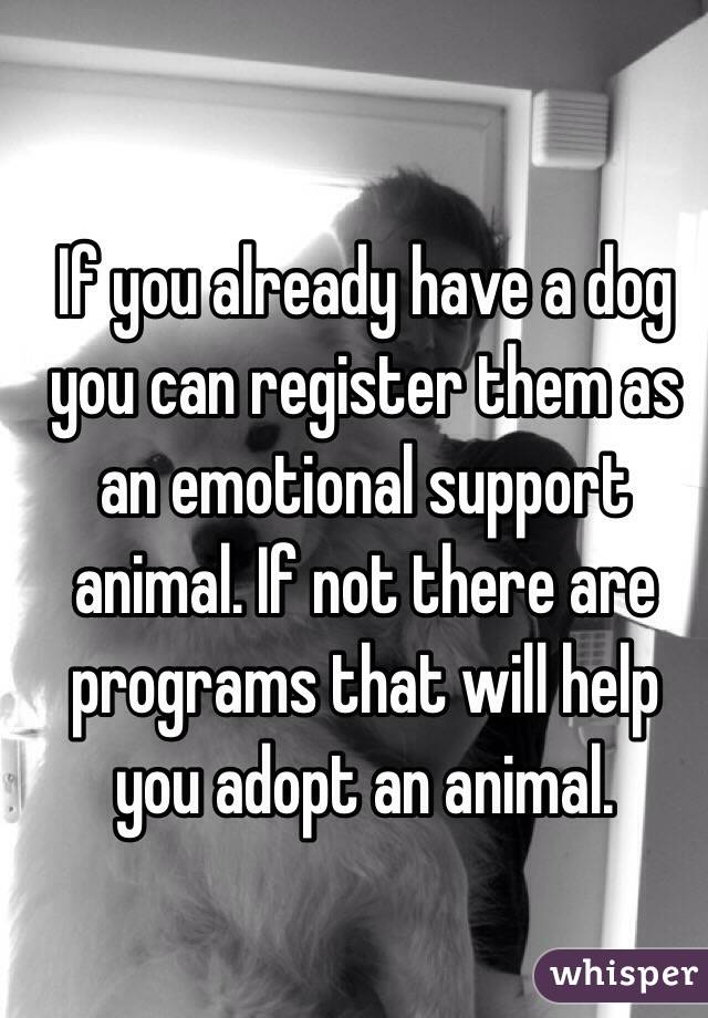 If you already have a dog you can register them as an emotional support animal. If not there are programs that will help you adopt an animal. 
