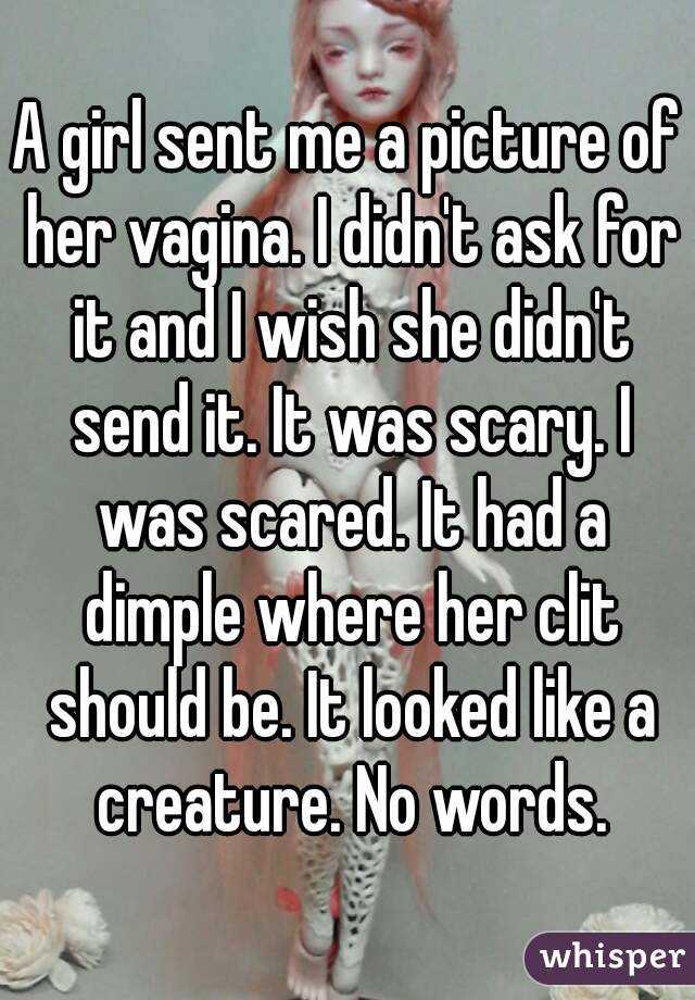 A girl sent me a picture of her vagina. I didn't ask for it and I wish she didn't send it. It was scary. I was scared. It had a dimple where her clit should be. It looked like a creature. No words.
