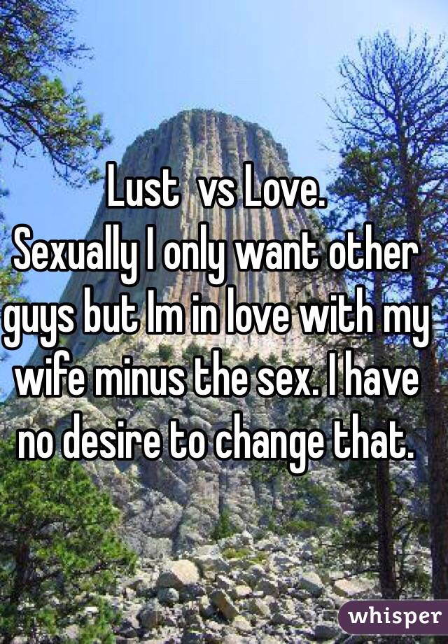 Lust  vs Love.              Sexually I only want other guys but Im in love with my wife minus the sex. I have no desire to change that. 