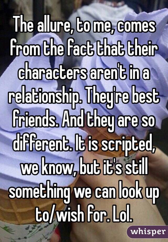 The allure, to me, comes from the fact that their characters aren't in a relationship. They're best friends. And they are so different. It is scripted, we know, but it's still something we can look up to/wish for. Lol. 