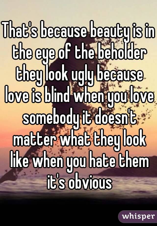 That's because beauty is in the eye of the beholder they look ugly because love is blind when you love somebody it doesn't matter what they look like when you hate them it's obvious