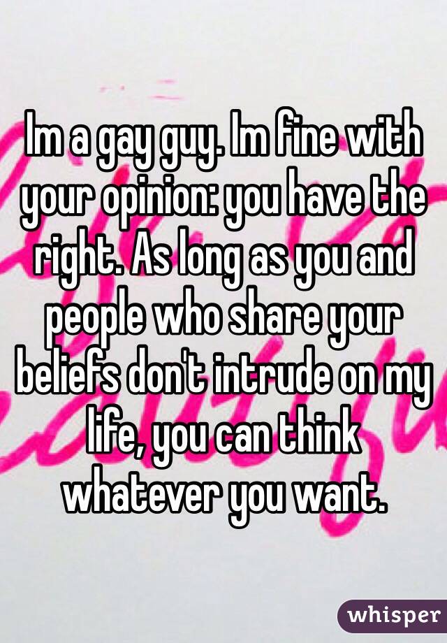 Im a gay guy. Im fine with your opinion: you have the right. As long as you and people who share your beliefs don't intrude on my life, you can think whatever you want.